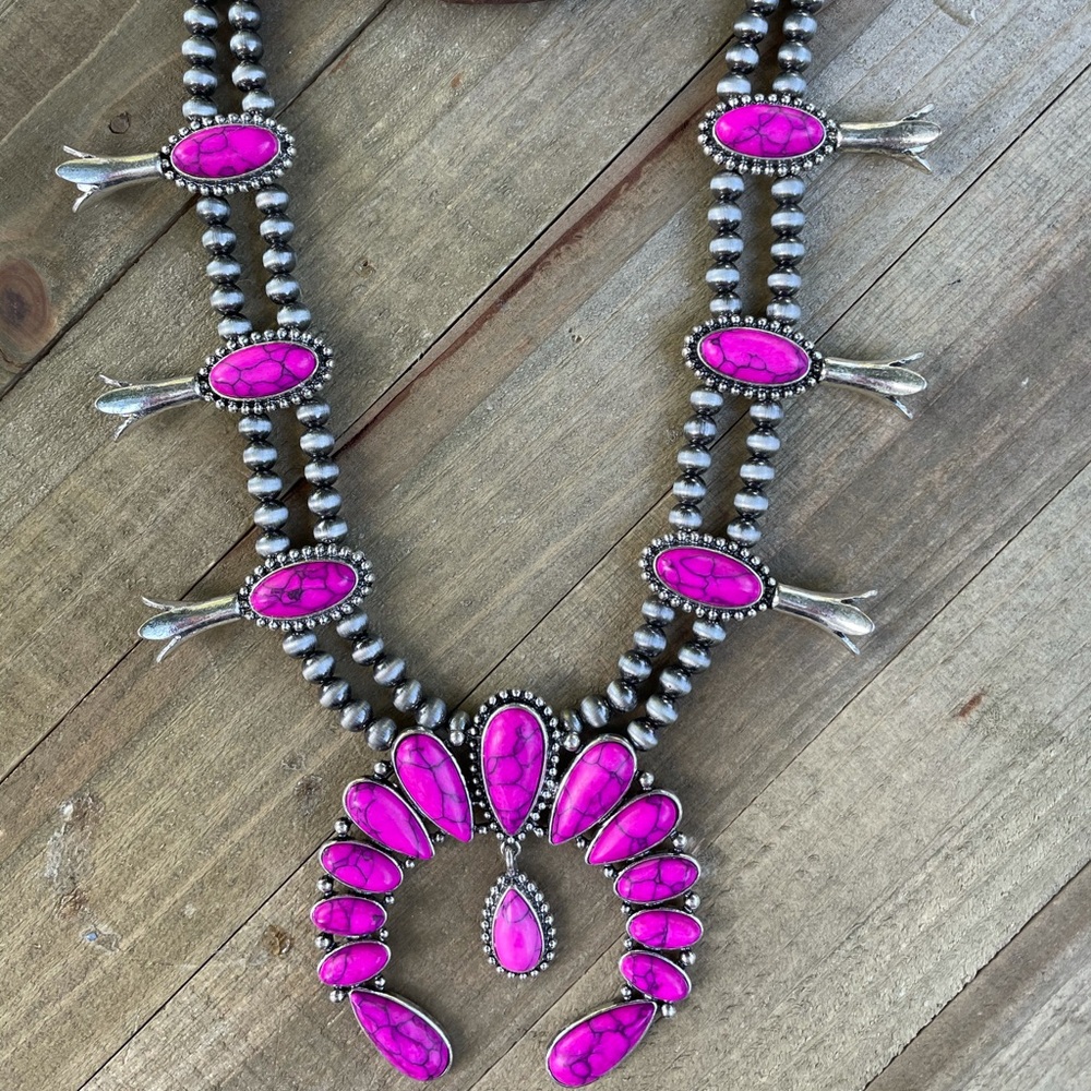 Fuschia squash blossom necklace